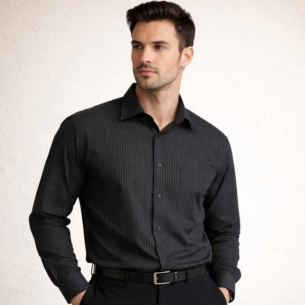 Balmain Paris Stripe Dress Shirt Black Cotton M 15.5